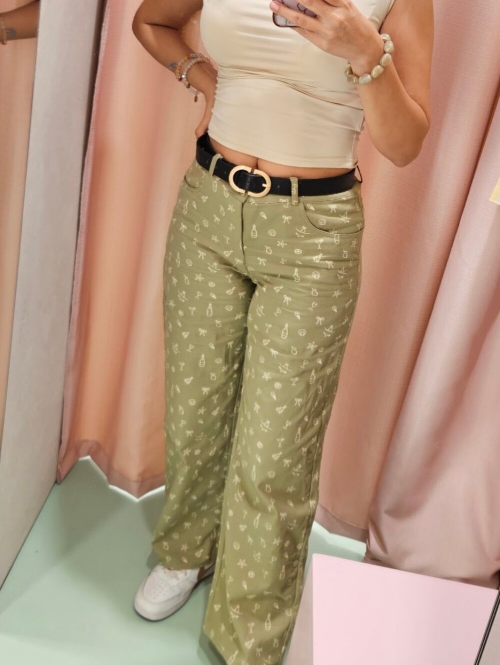 Light Olive Green Printed Wide-Leg Pants